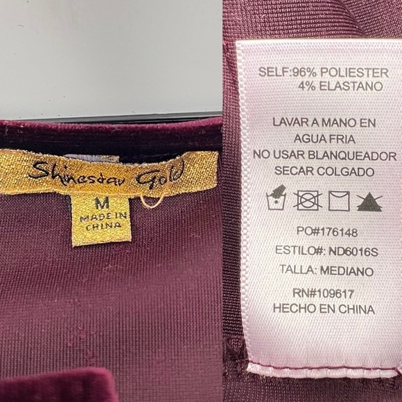 Shinestar Gold Velvet Long Sleeve V Neck Faux Wrap Dress Plum Hi Low Hem Size M - Picture 6 of 14